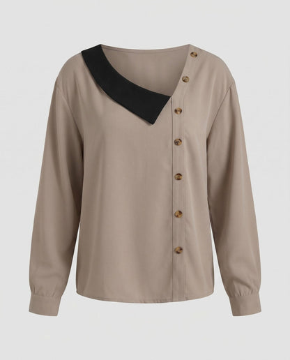 Women's long sleeve blouse with asymmetric collar and decorative buttons - Chichicherry