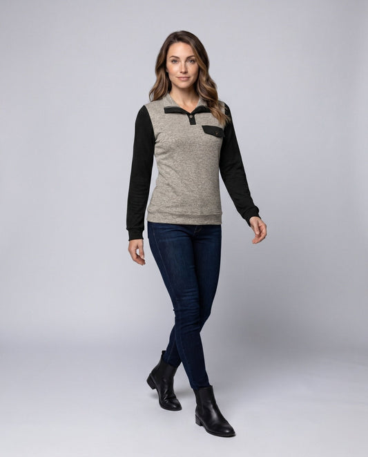 Women's Long Sleeve Shirt with Stylish Contrast Details - Chichicherry