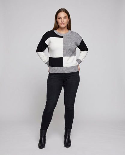 Women's sweatshirt with trendy block pattern and round neckline - Chichicherry
